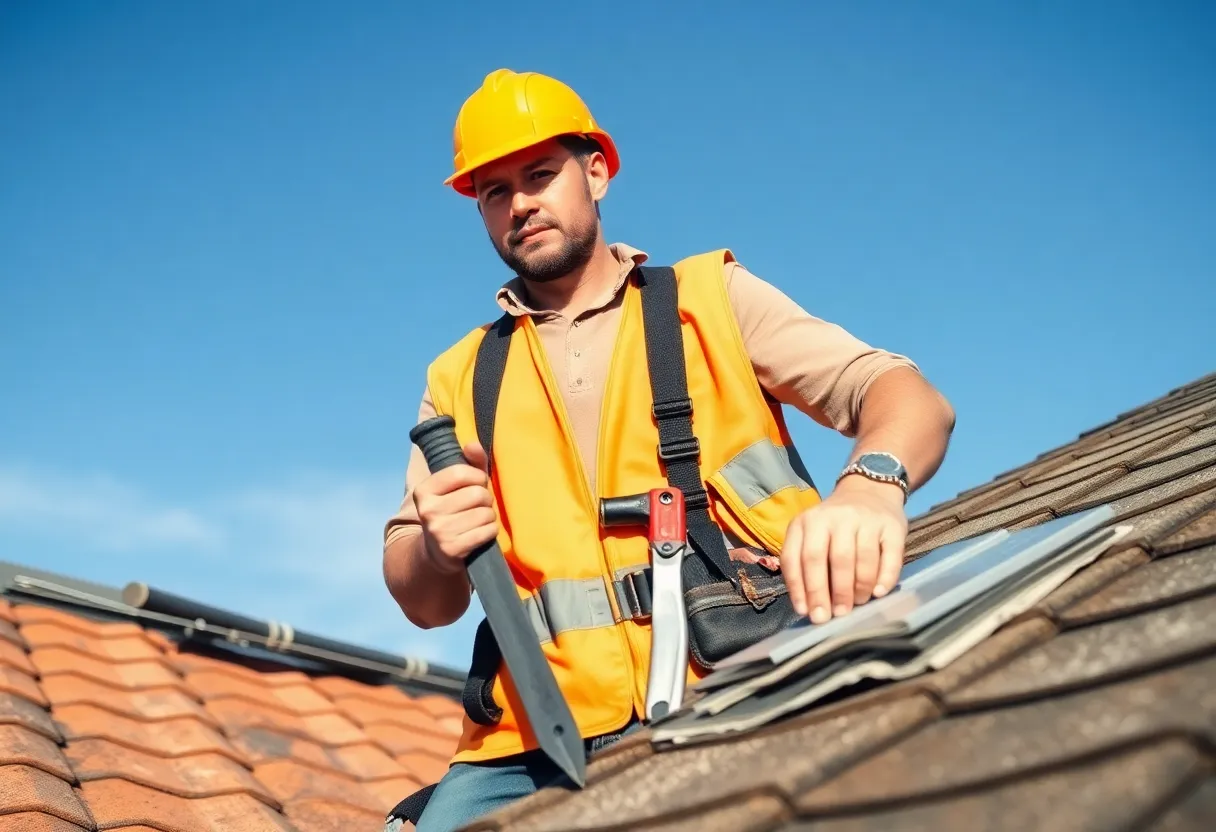 A construction worker assessing a roof before replacement.