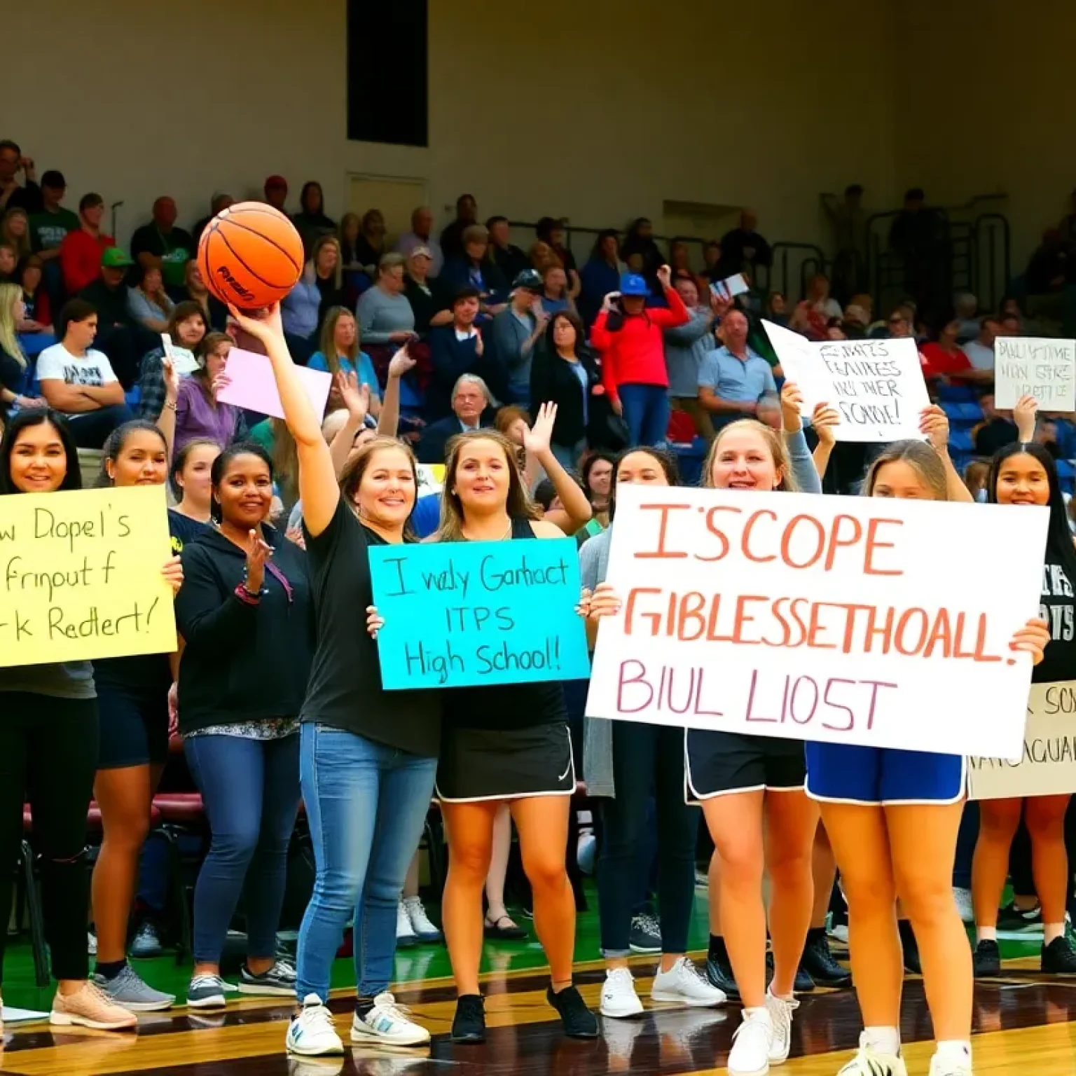 Fans cheering for high school girls basketball players on the court