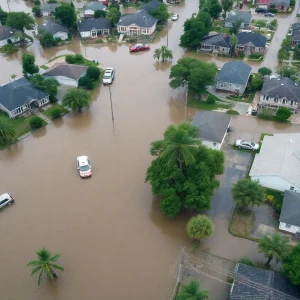 Aerial view of severe flooding in a neighborhood in the Southeast U.S.