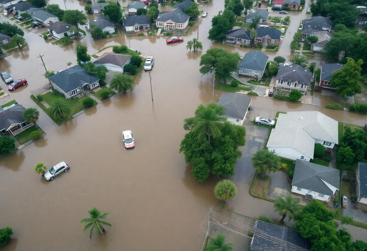 Aerial view of severe flooding in a neighborhood in the Southeast U.S.