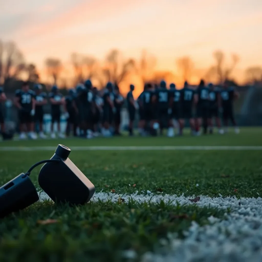 A football field scene with a coach's whistle and players huddled in the background.