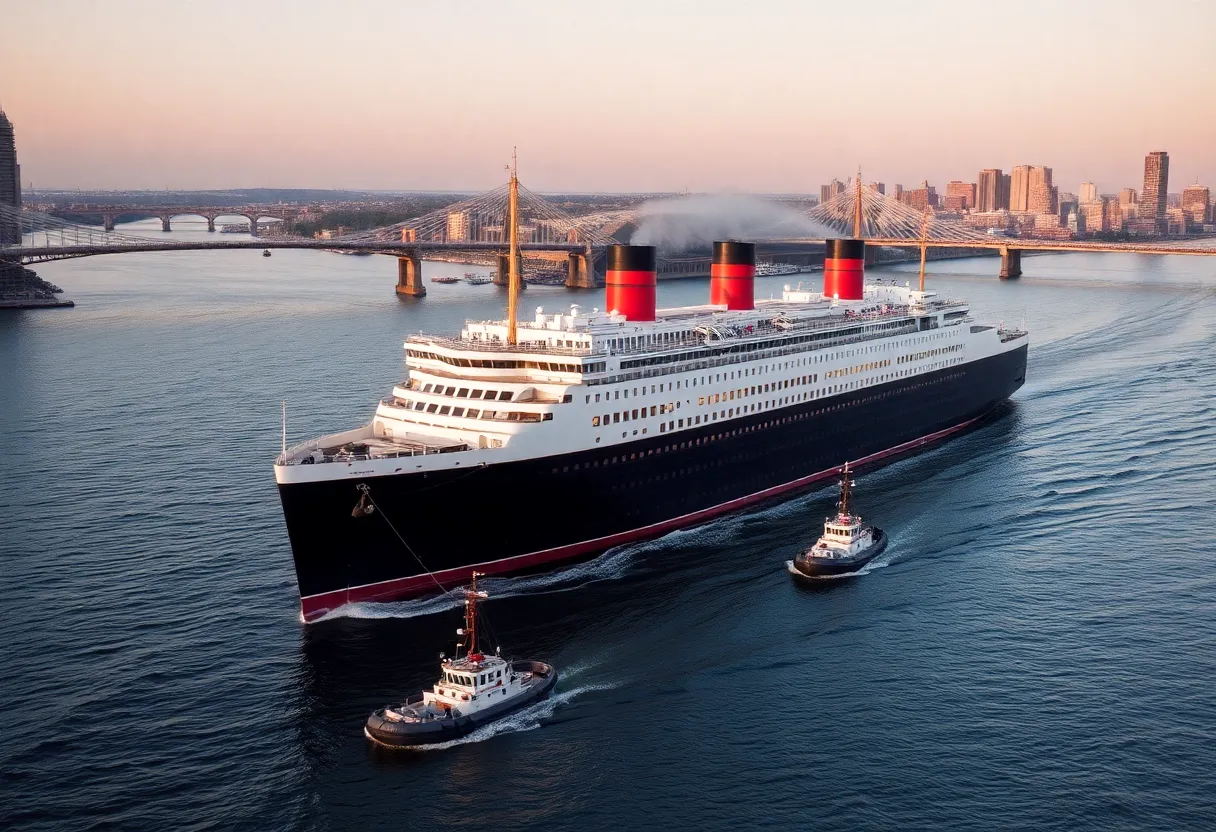 Historic SS United States under tow on the Delaware River