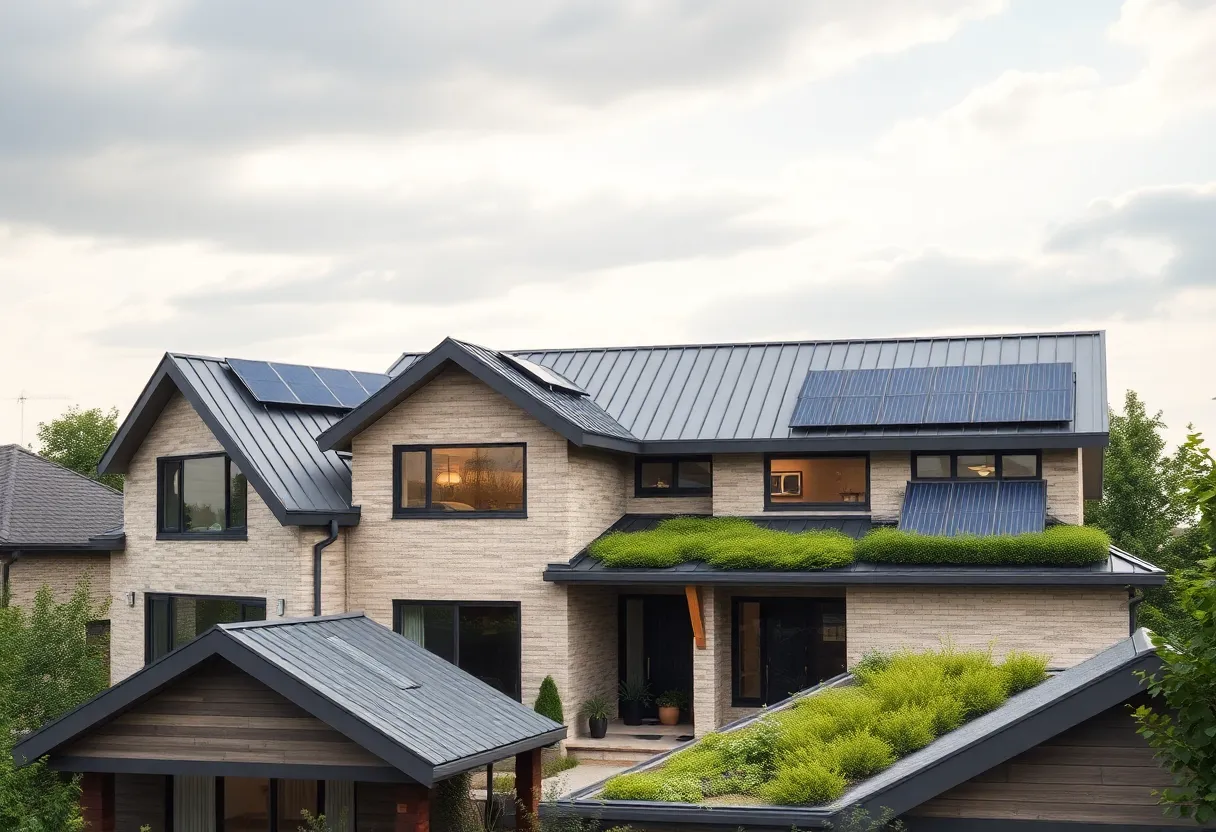 A selection of sustainable roofing options for homes including metal, solar, and green roofs.