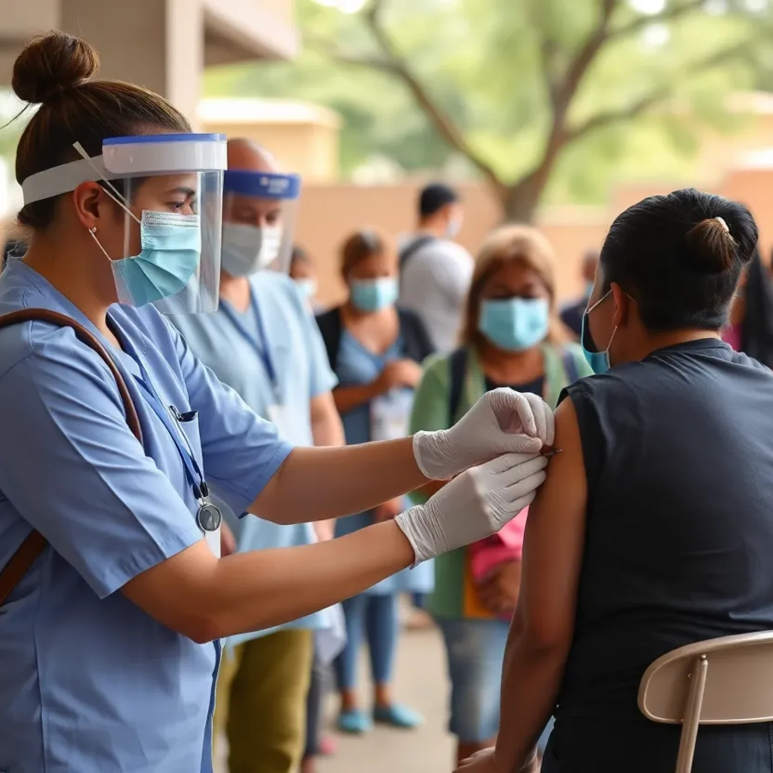 Healthcare workers vaccinating people in Texas during measles outbreak