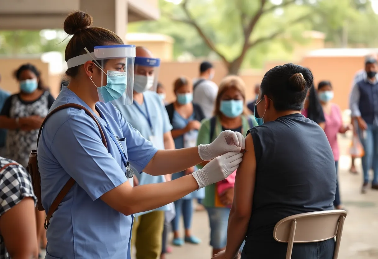 Healthcare workers vaccinating people in Texas during measles outbreak