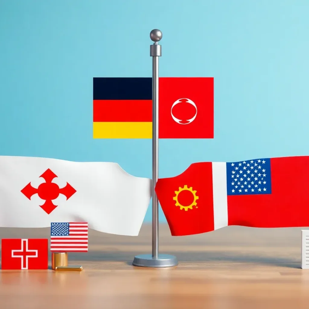 Illustration of trade discussions between North America represented by flags.