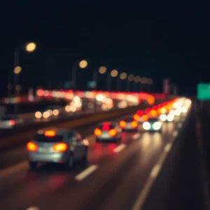 Scene of a highway at night with blurred lights, symbolizing a recent pedestrian accident