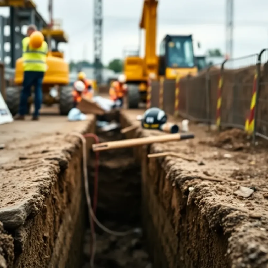 Construction site with a trench on a somber day