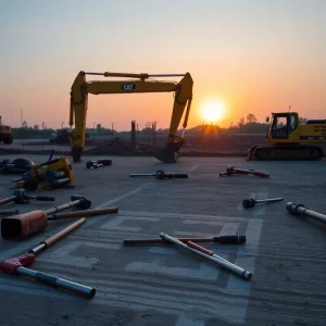 A construction site showing tools and disturbed earth after a trench collapse.