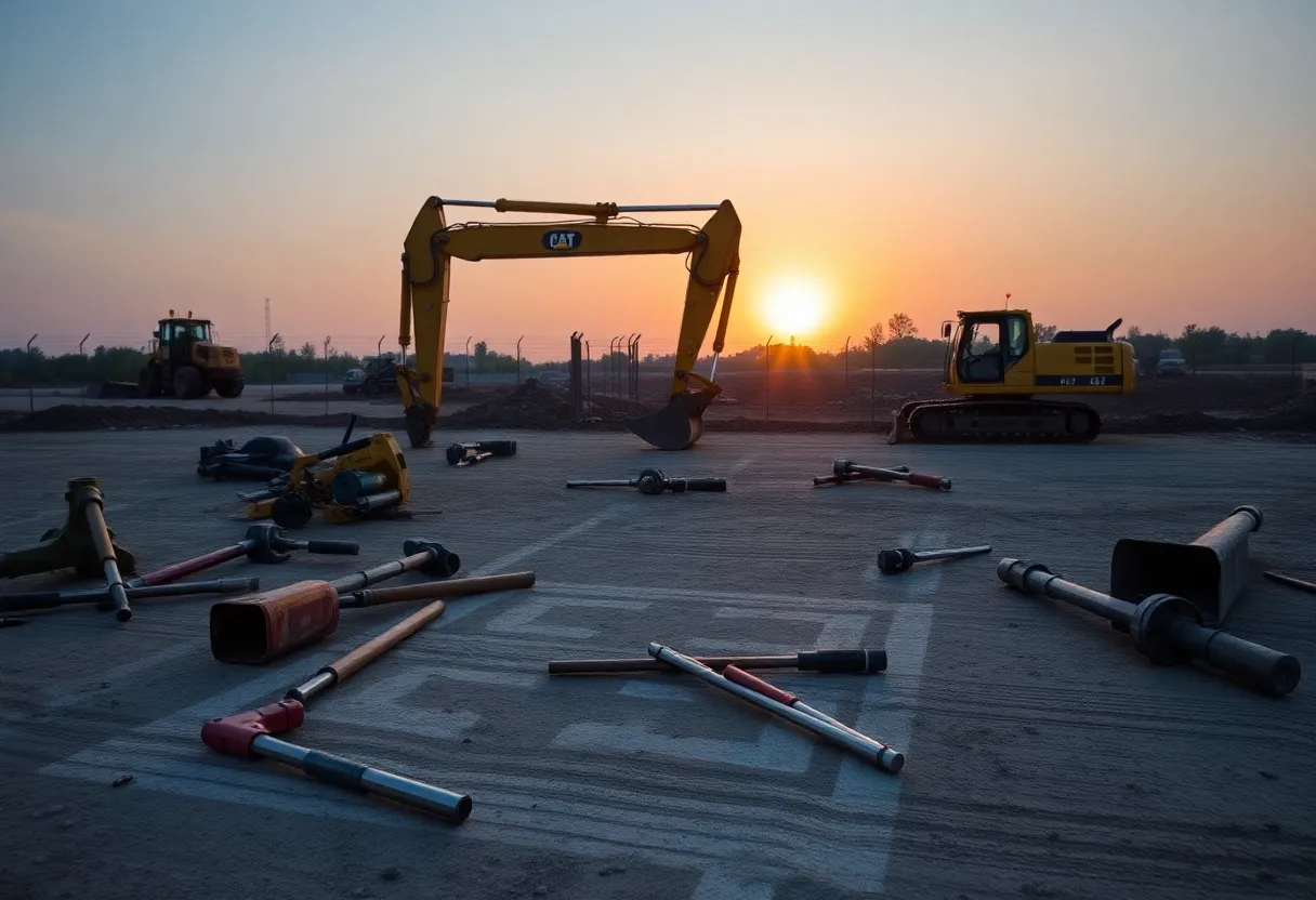 A construction site showing tools and disturbed earth after a trench collapse.