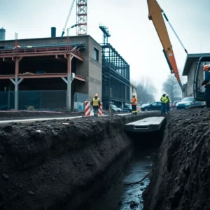 Emergency responders at the site of a trench collapse