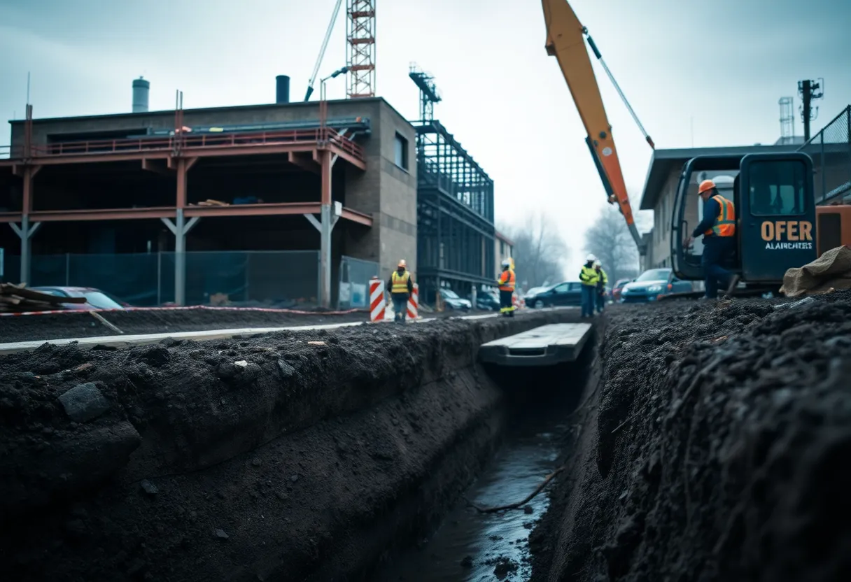 Emergency responders at the site of a trench collapse