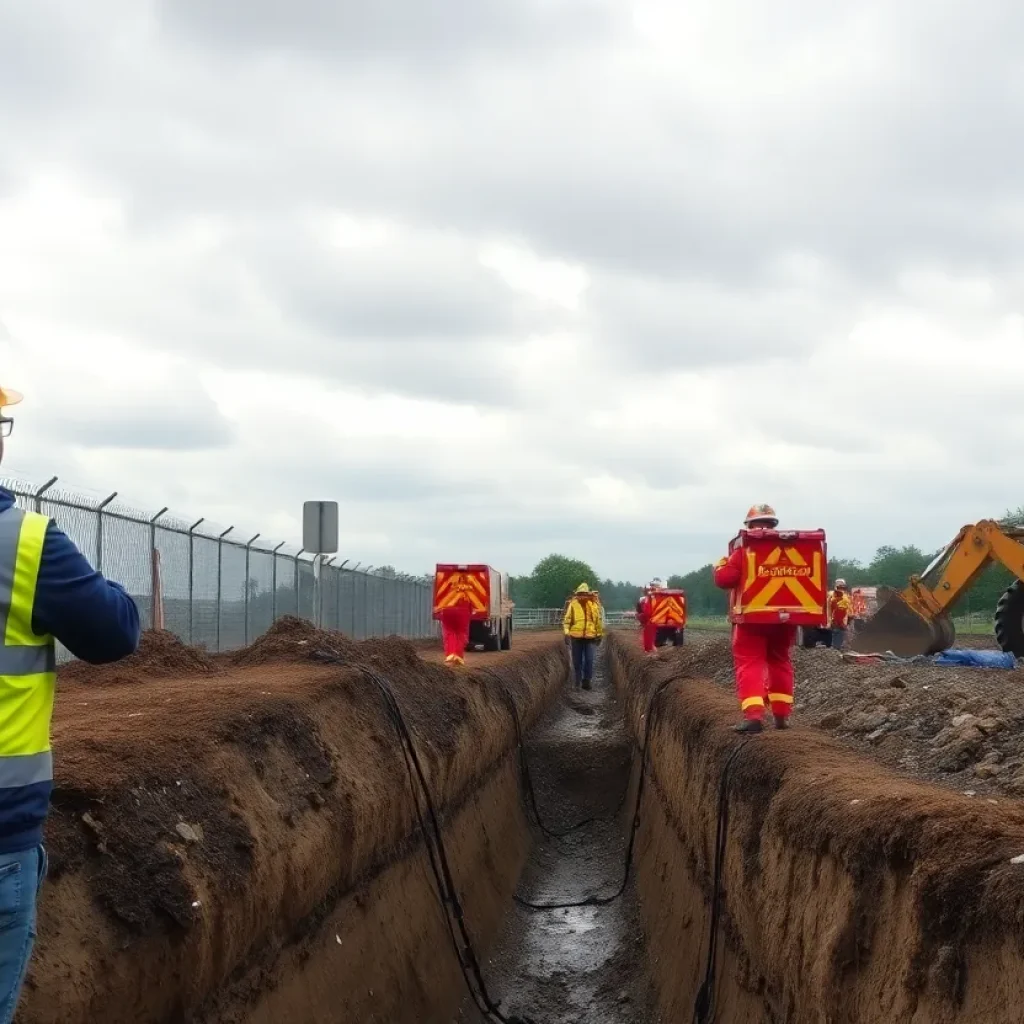 Emergency responders at a construction site with a trench collapse