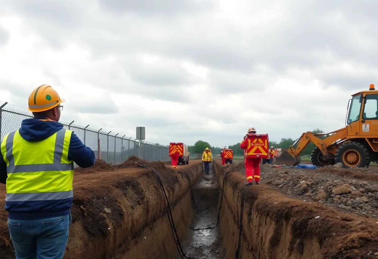 Emergency responders at a construction site with a trench collapse