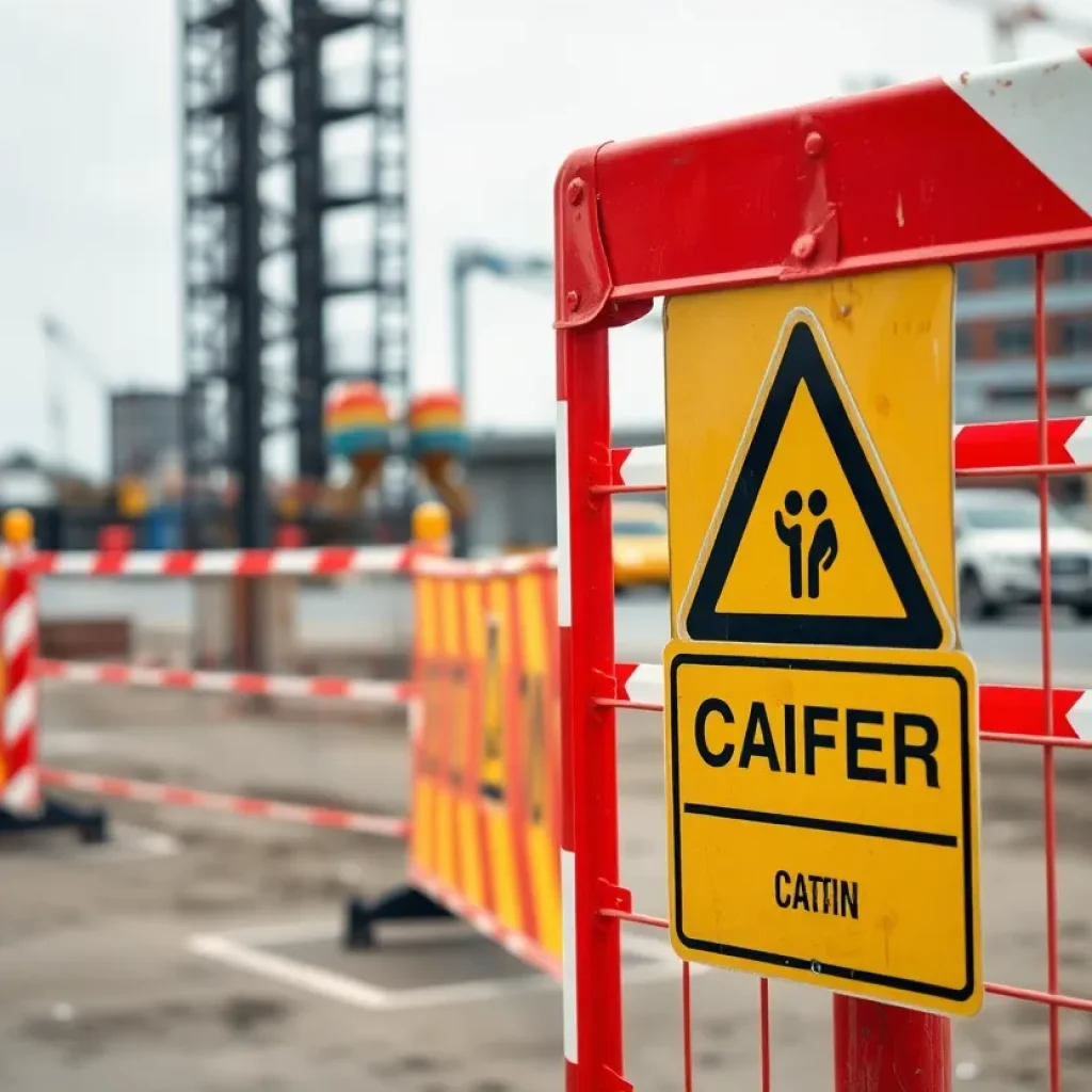 Construction site with safety barriers