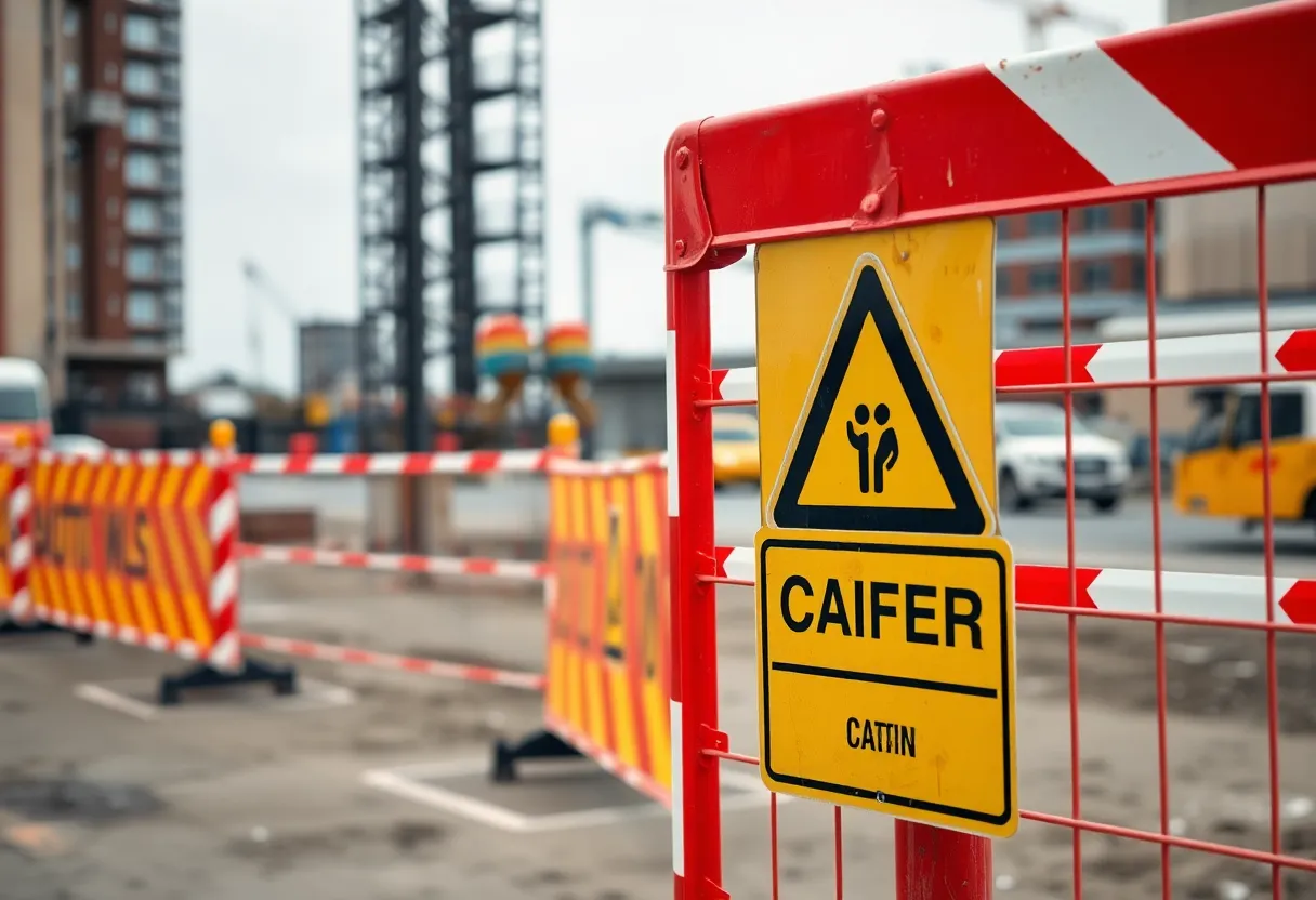 Construction site with safety barriers