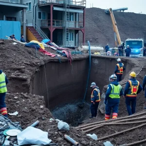 Emergency responders at a construction site of a trench collapse