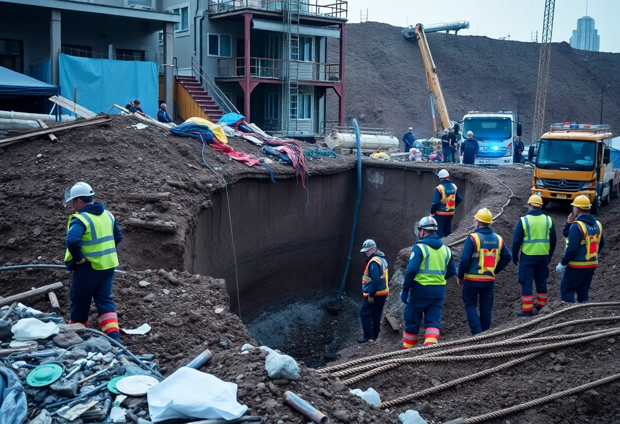 Emergency responders at a construction site of a trench collapse