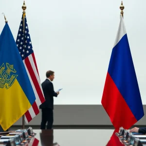 Diplomatic meeting showcasing Ukraine, USA, and Russia flags.