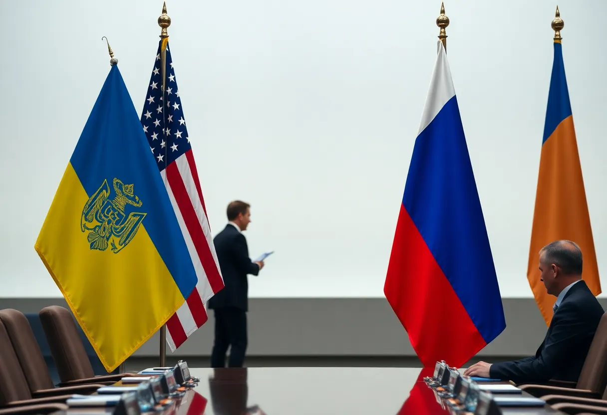 Diplomatic meeting showcasing Ukraine, USA, and Russia flags.