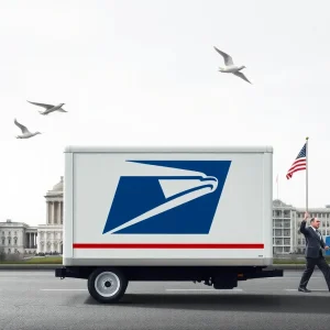 Artistic representation of USPS governance with mail delivery theme