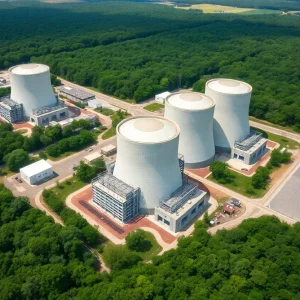 Aerial view of the V.C. Summer Nuclear Station site in South Carolina with lush trees surrounding it.