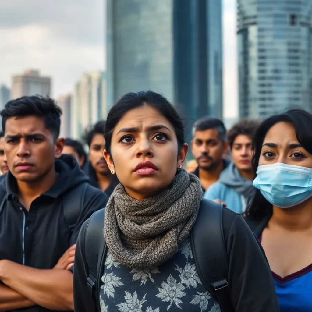 Concerned Venezuelan migrants gathered in an urban setting