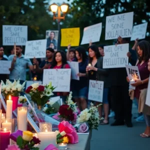 Community vigil for a tragic loss, candles lit in memory.