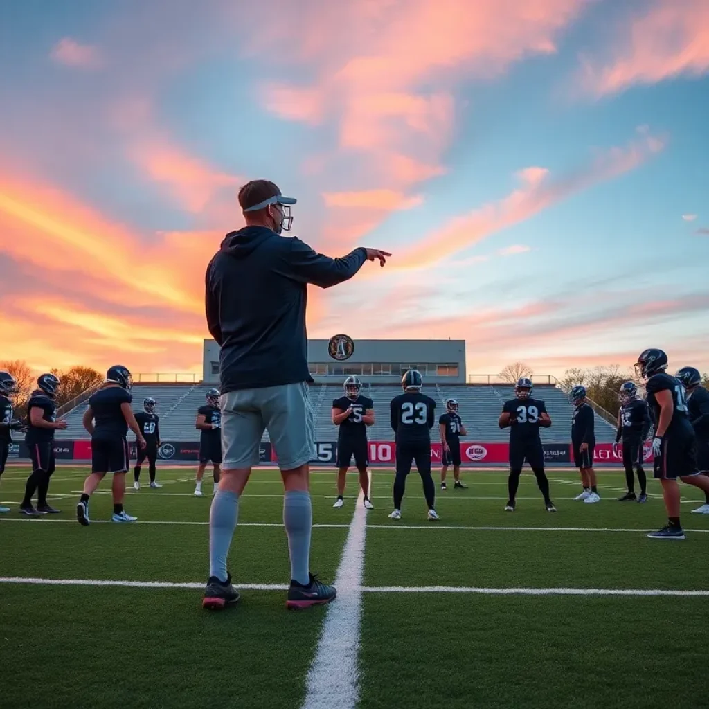 Football players practicing on field