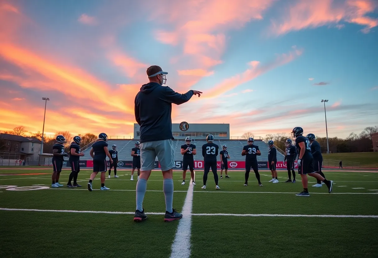 Football players practicing on field