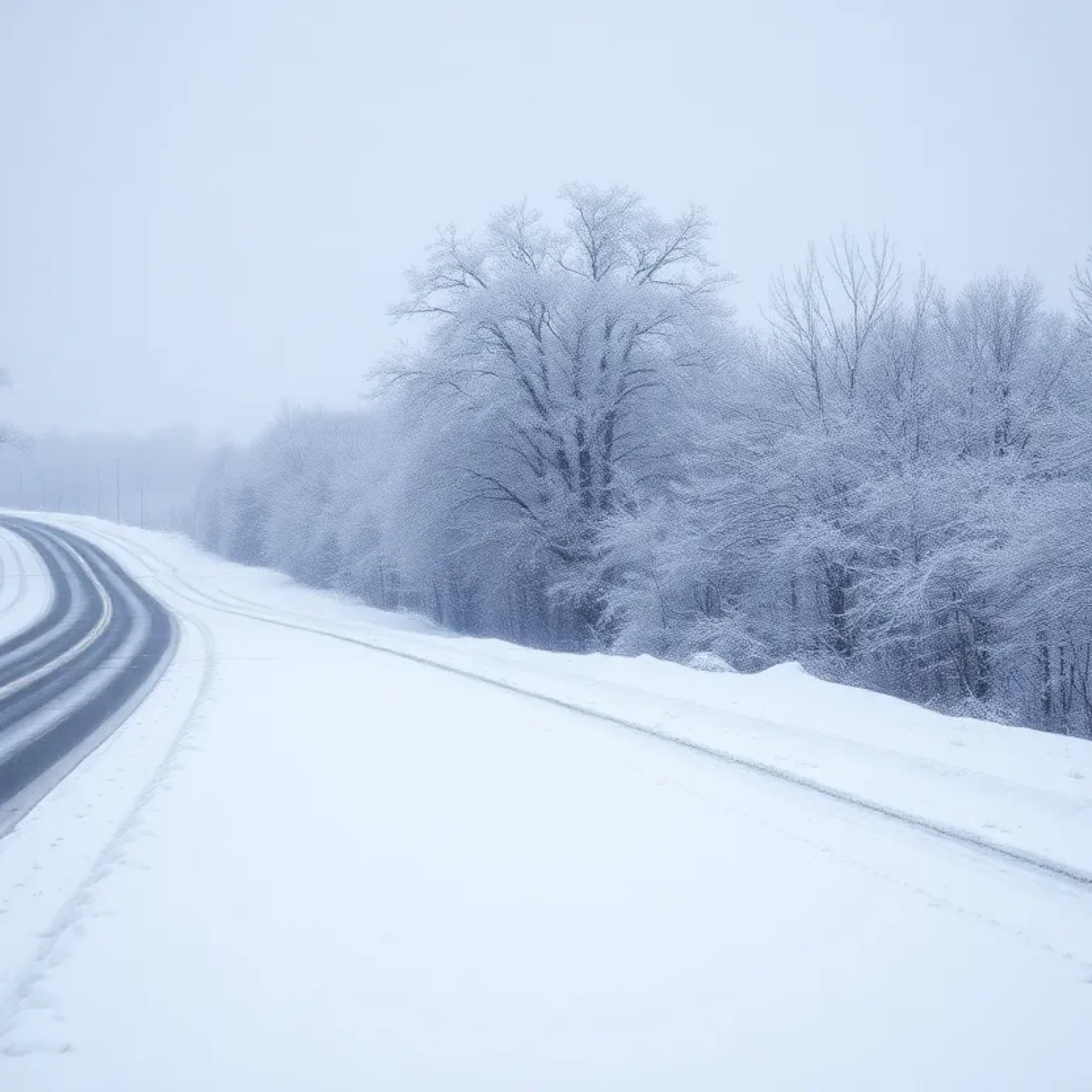 Snow-covered landscape with icy roads reflecting winter storm impacts.