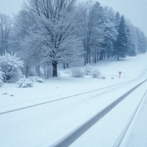 Snow-covered landscape in North Carolina during a winter storm.