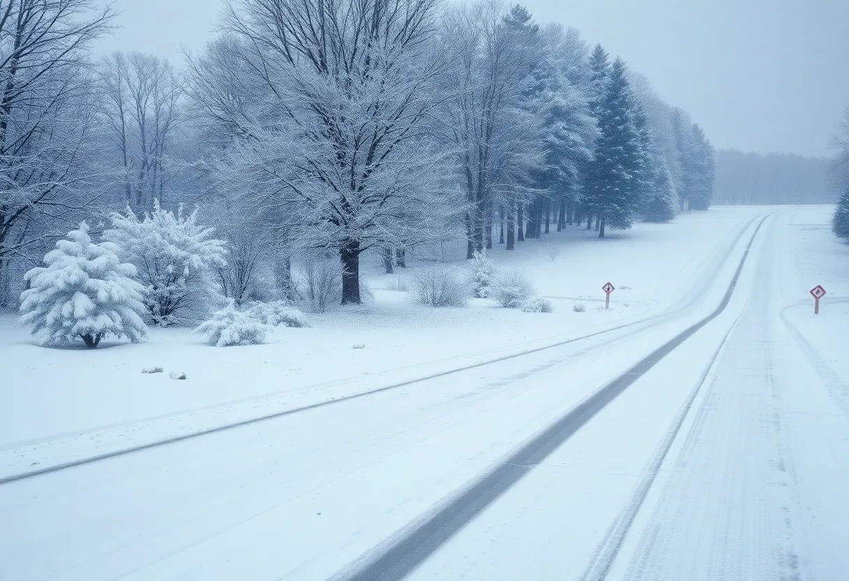 Snow-covered landscape in North Carolina during a winter storm.