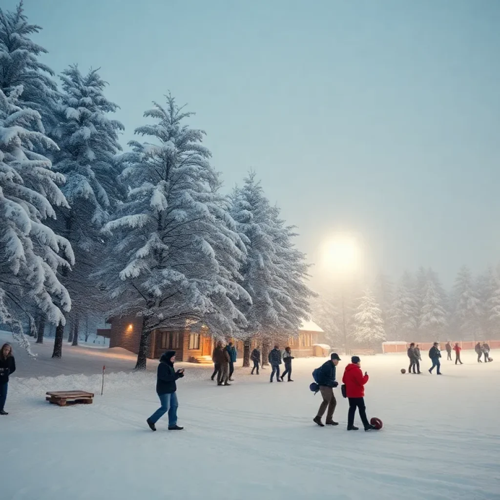 Heavy snowfall covering a winter landscape with trees and a football icon.