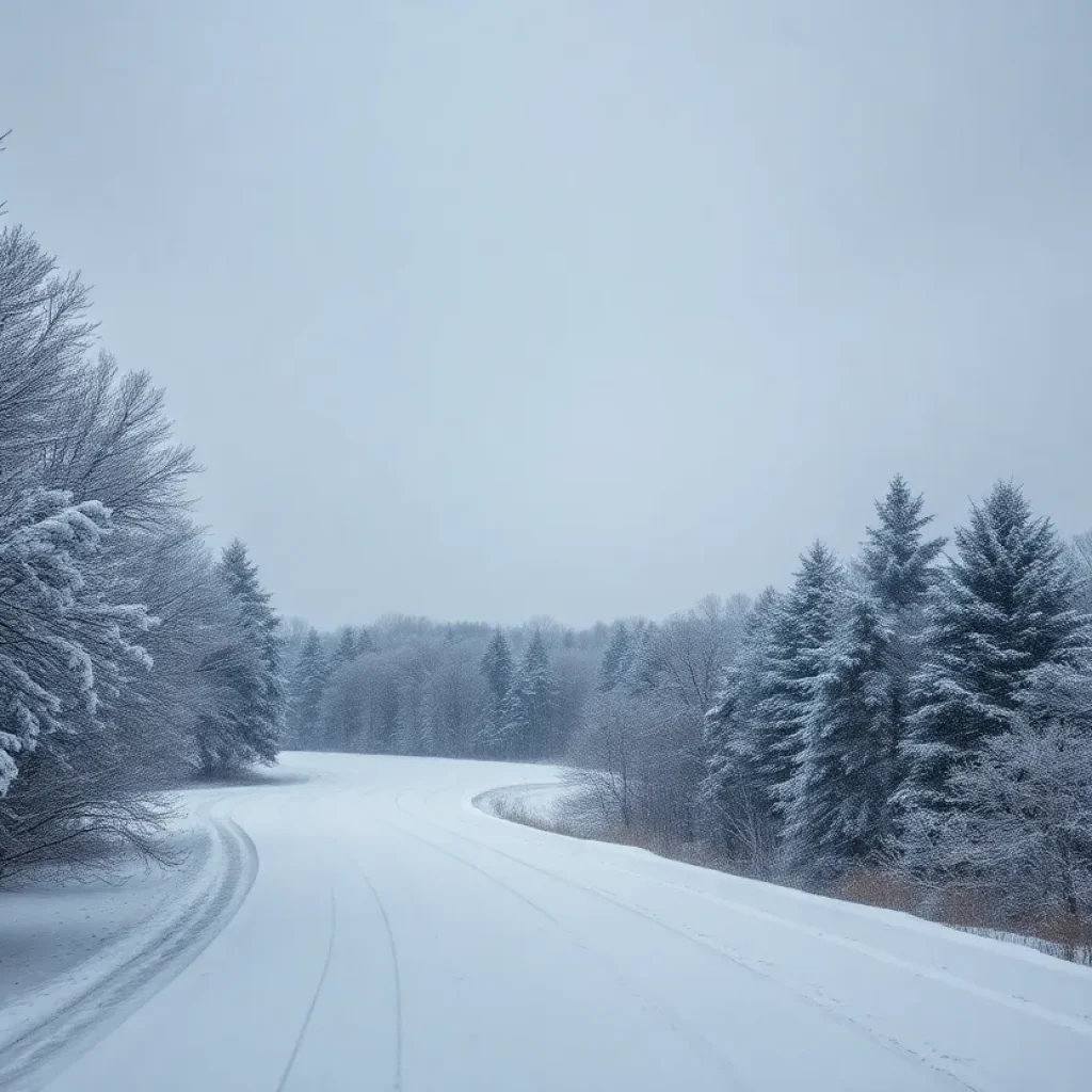 A winter landscape showing snow-covered trees and falling snow.