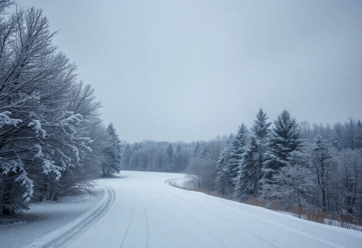 A winter landscape showing snow-covered trees and falling snow.