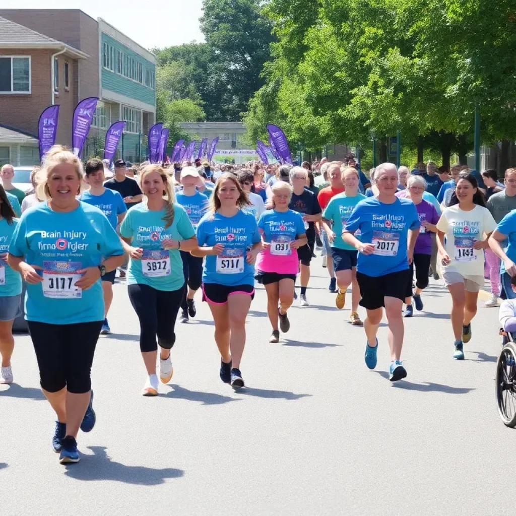 Community members participating in a 5K fundraising event for brain injury awareness.