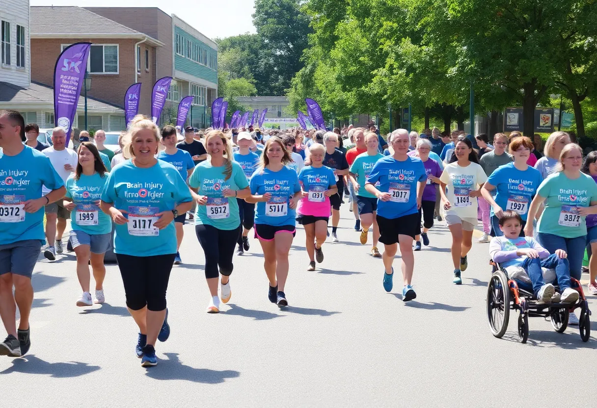 Community members participating in a 5K fundraising event for brain injury awareness.