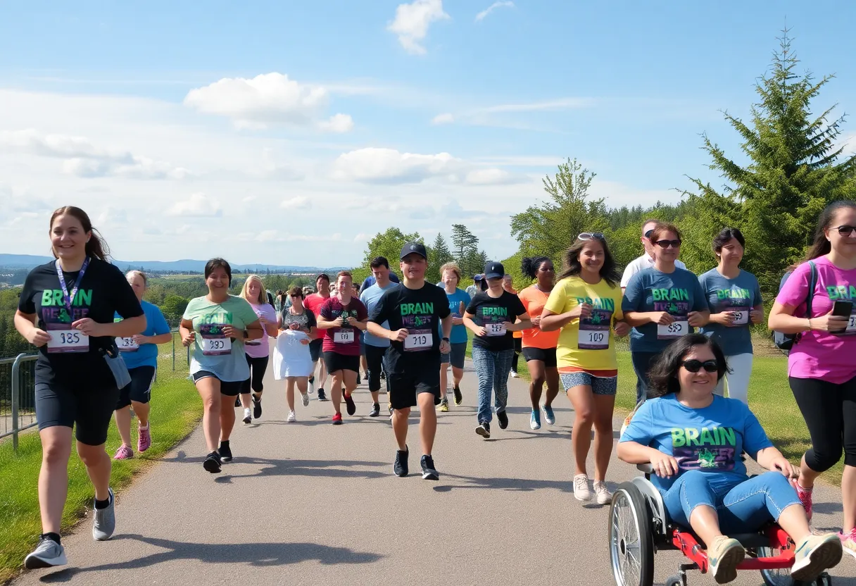 Community members participating in a brain injury awareness event, walking and enjoying the outdoors.