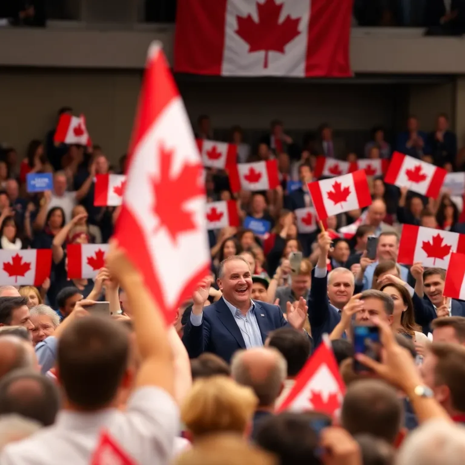 A political rally celebrating Canada's new Prime Minister with Canadian flags and an enthusiastic crowd.