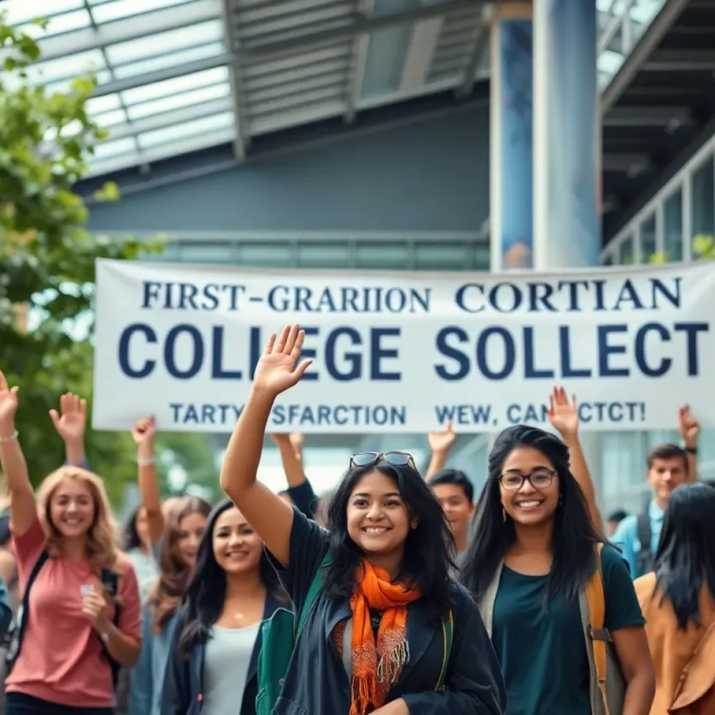 Diverse group of students celebrating first-generation college student achievements on campus.