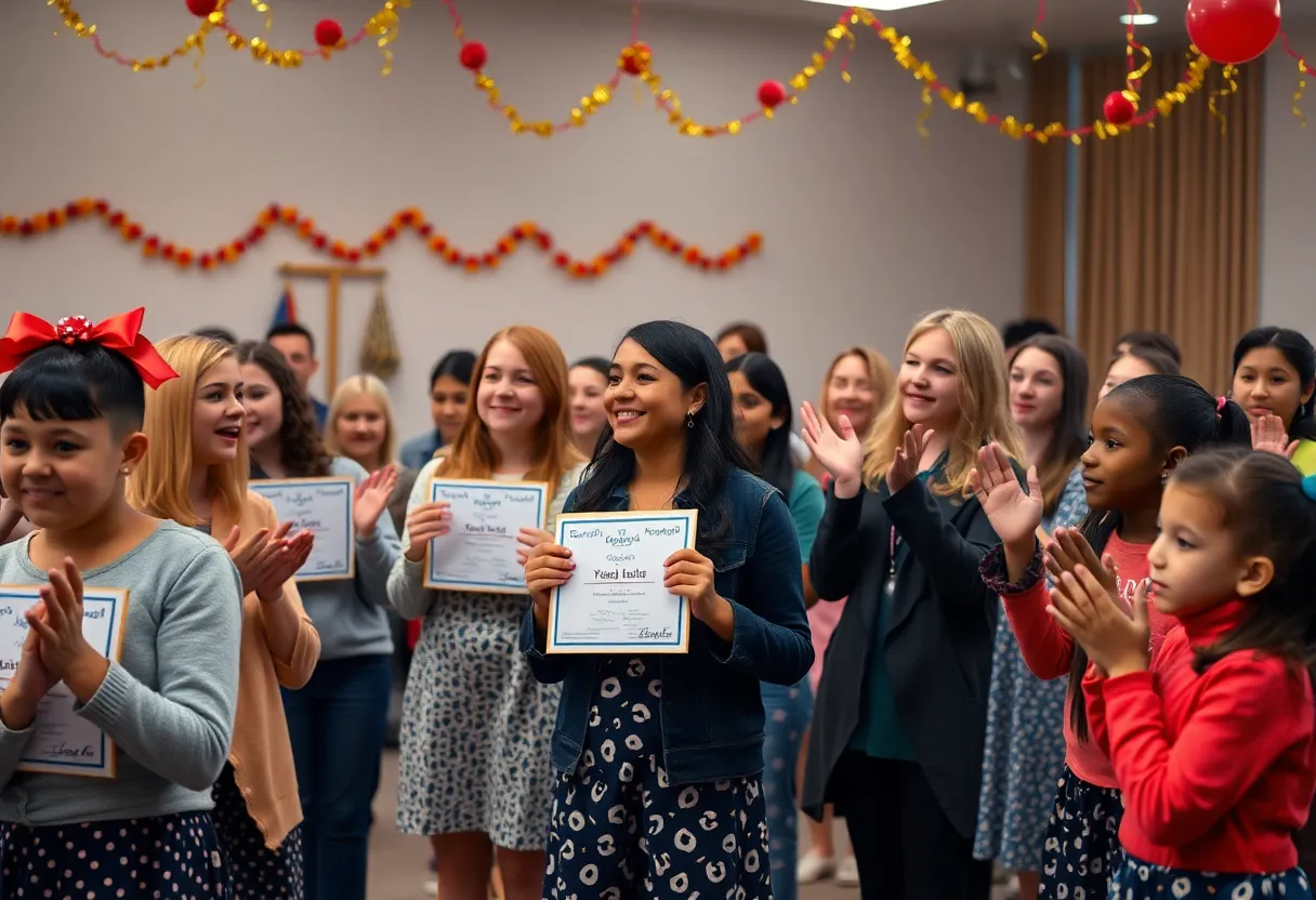 Students applaud during the educators awards ceremony in Columbia.