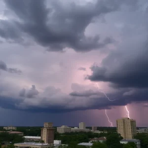 Stormy sky with dark clouds over Columbia, South Carolina during severe weather.