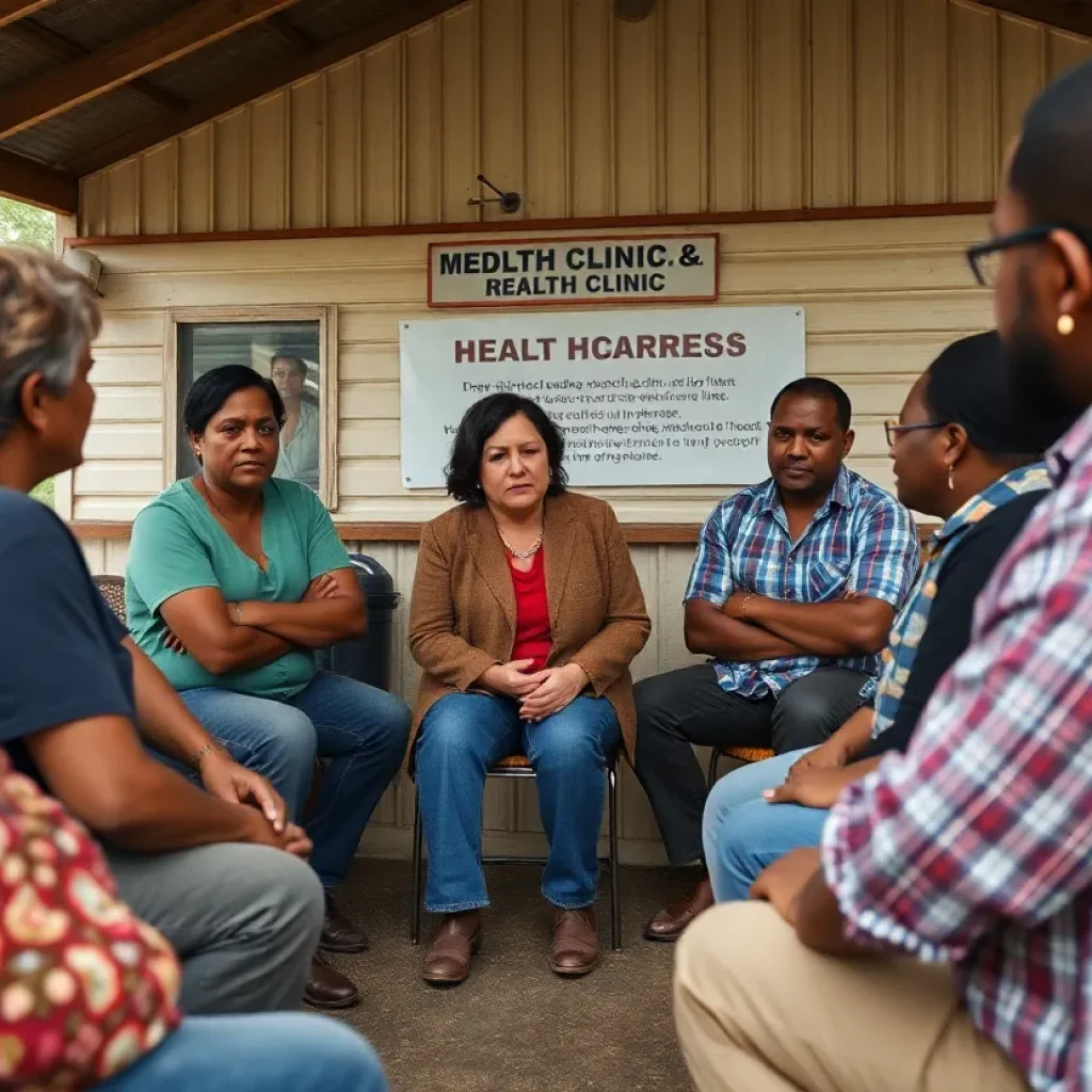 Residents discussing healthcare worries in front of a local clinic.