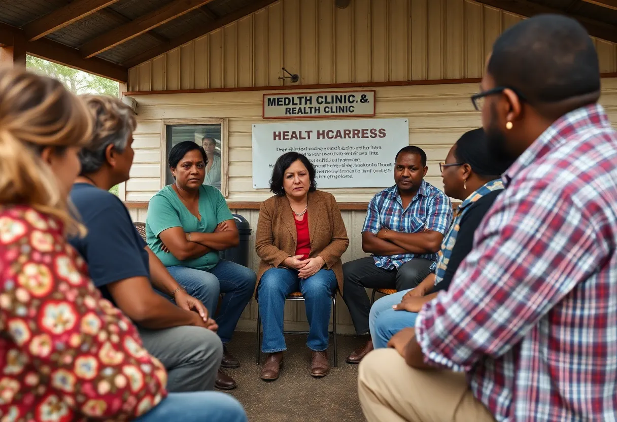 Residents discussing healthcare worries in front of a local clinic.