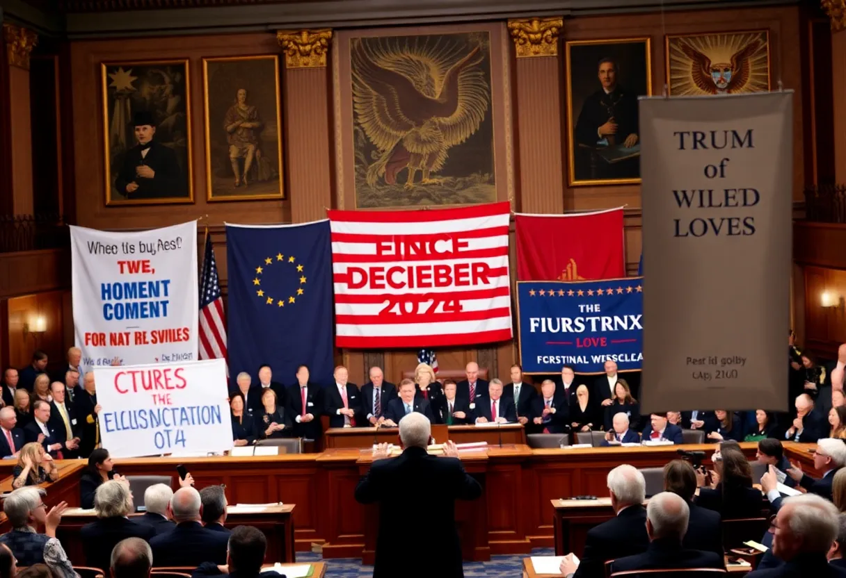 Chaotic scene in Congress during a state address showcasing political division.