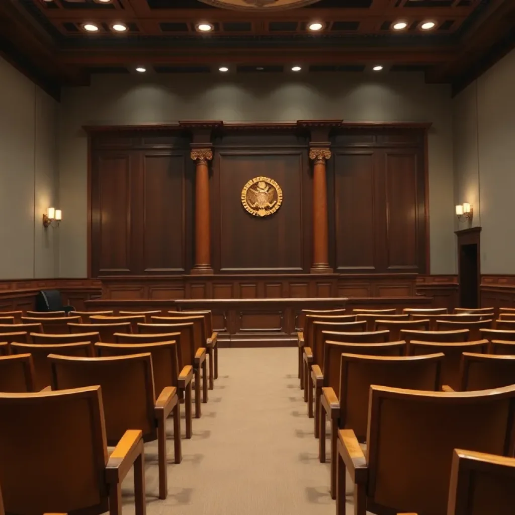 A symbolic courtroom scene with empty chairs representing the complexities of justice.