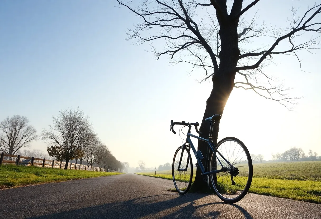 A peaceful cycling path in the early morning light