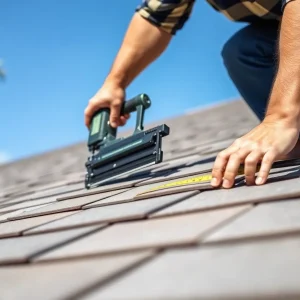 A person engaged in DIY roof shingle installation