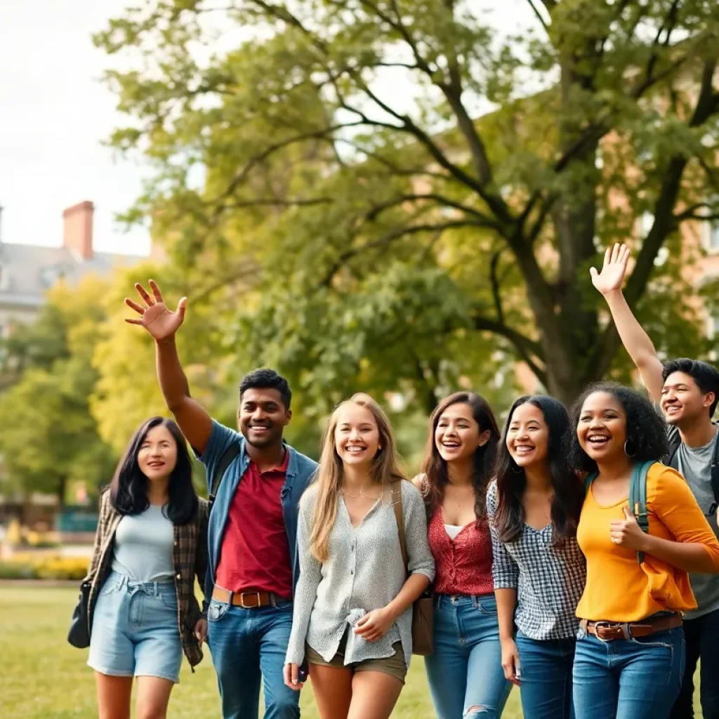 Students celebrating on campus after Harvard's tuition-free announcement.